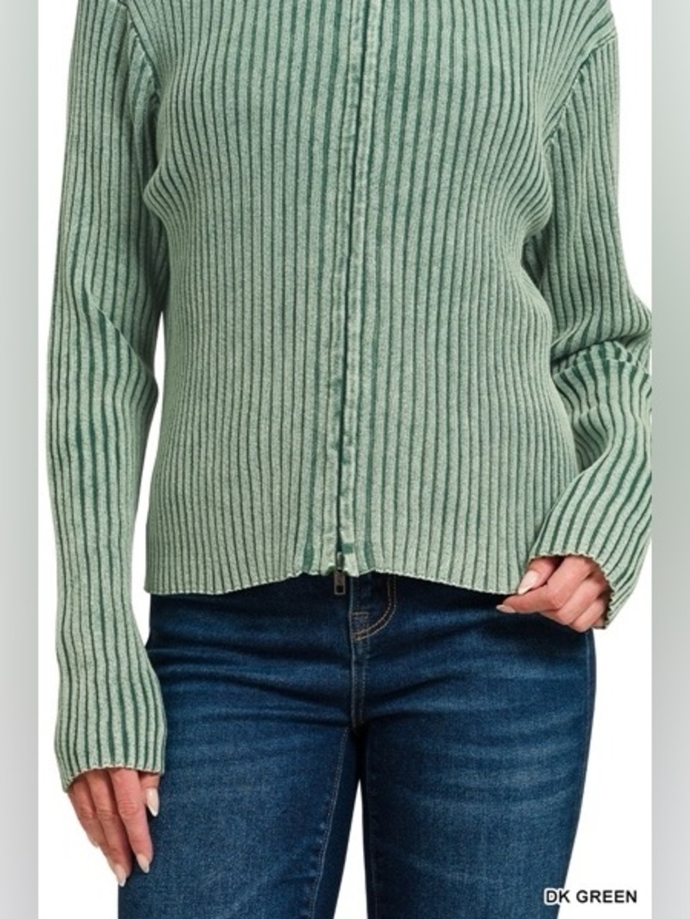 Zenana Dk Green Washed Zip Up Sweater - Picture 5 of 7